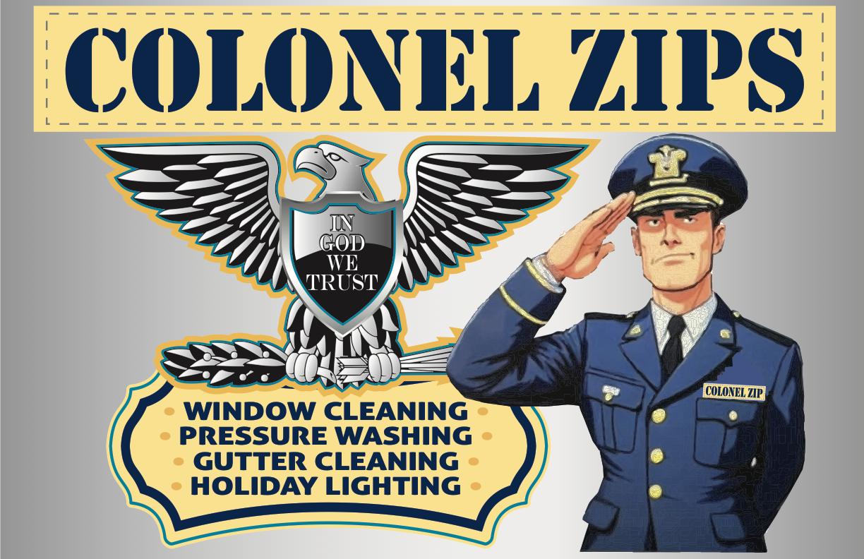 Colonel Zips, a saluting officer beside an eagle crest reading In God We Trust, with the services window cleaning, pressure washing, gutter cleaning, and holiday lighting